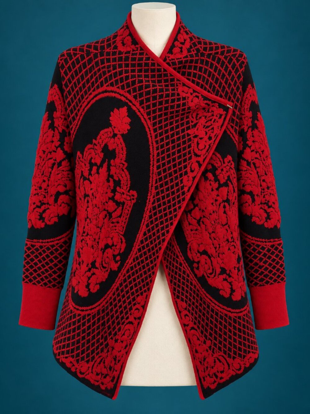 SIONI Red Black Baroque Knit Waterfall Cardigan Sweater L/XL HTF - Picture 1 of 15